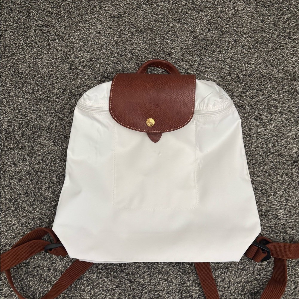 Longchamp White Backpack with Brown Leather Flap